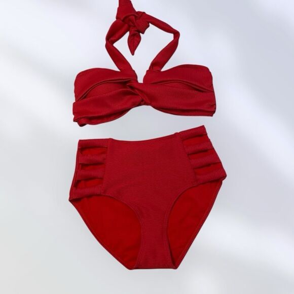 HEAT Bikini Set NEW Halter Top High Waist Bottoms Red Size M - Picture 10 of 11